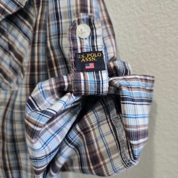 U.S.Polo Association plaid blue and brown button up shirt boys size 8 - Picture 4 of 4
